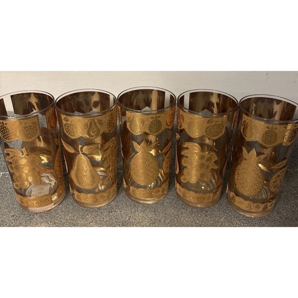 Vintage Culver 22K Gold Florentine Fruit High Ball MCM Glasses set 5